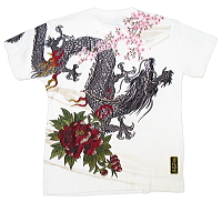 半袖和柄Ｔシャツ 龍神桜に牡丹刺繍